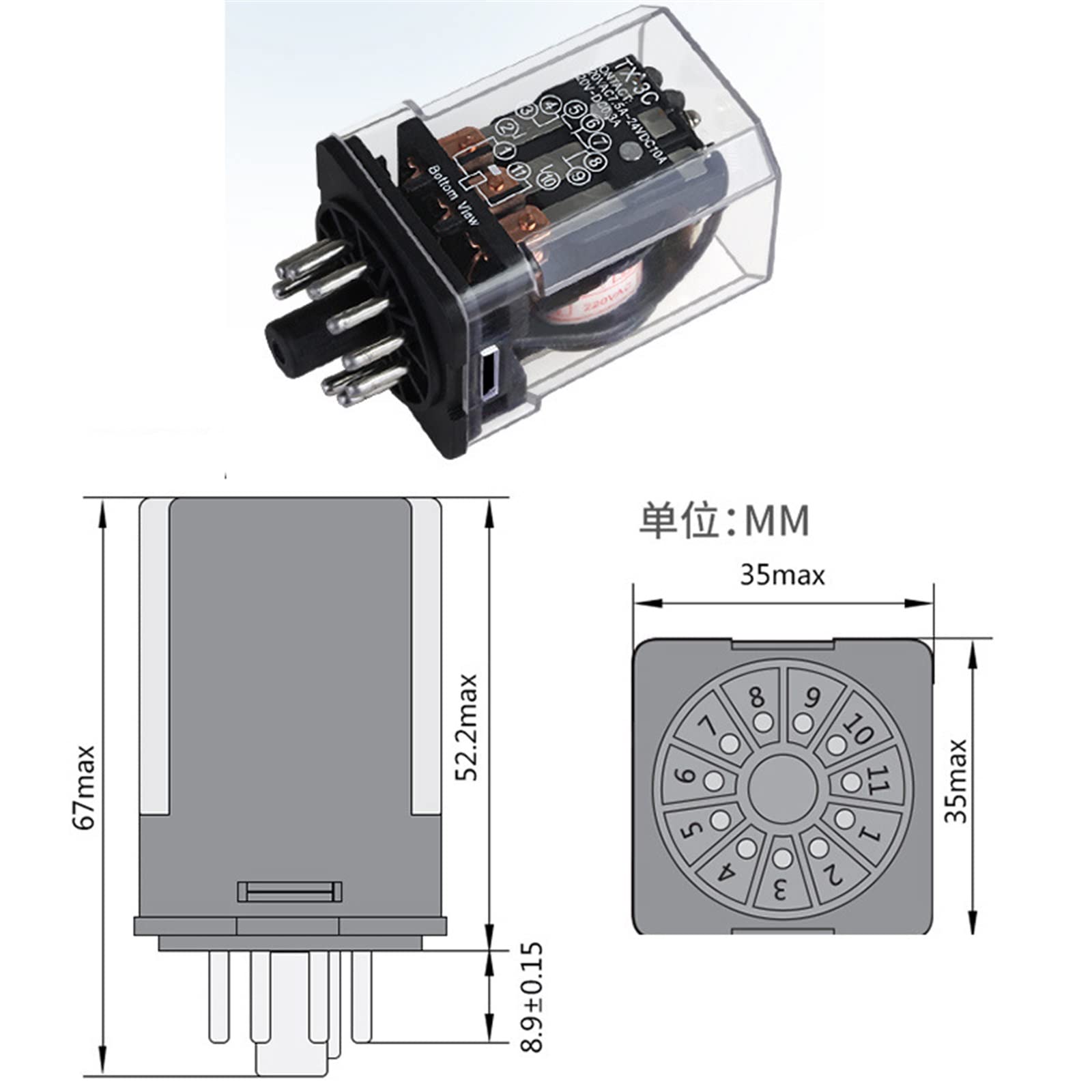 10 pièces Micro Relais de Puissance Universel JTX-2C JTX-3C Mini commutateur de Relais électromagnétique 8 11 Broches 6V 24V 12V 220V AC DC avec Base (Color : JTX-2C, Size : DC12V)