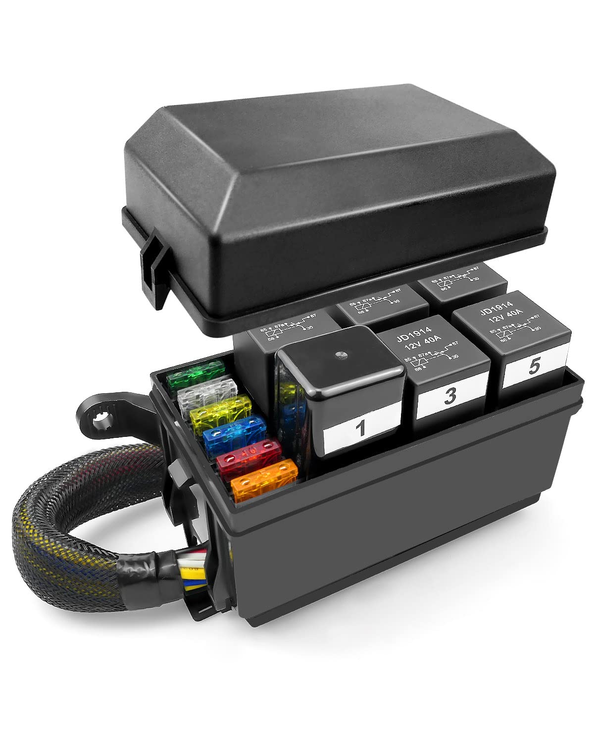 12V Fuse Relay Box 6 Slots Relay Block 6 Slots ATC/ATO Fuse, 5pcs 5Pin JD1914 40A