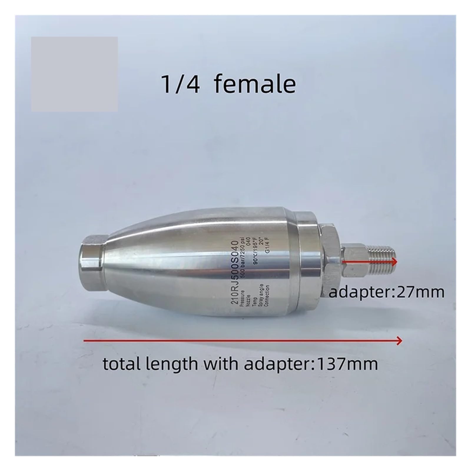 Boquilla giratoria Turbo de Agua de Alta presión (500/600 Bar, 7200 PSI) con conexión rápida y núcleo de Acero de tungsteno.(500bar-1l4-040)