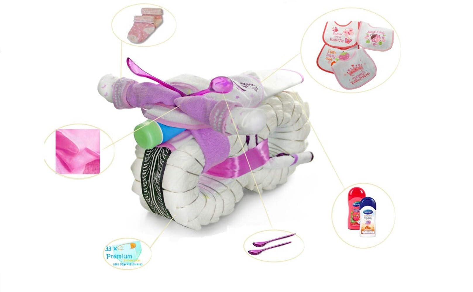Windeltorte Motorrad ROCKSTAR GIRL rosa | 45-teilig | Windelmotorrad Geschenk zur Geburt Babyparty Baby Shower | 40cm