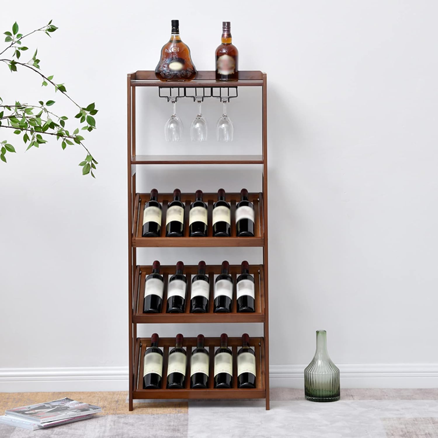 Bamboo Wine Rack Floor Wine Cabinet Display Rack Shelf Wine Glass Rack Wobble Free for Home Kitchen Freestanding Countertop Display (B 2)