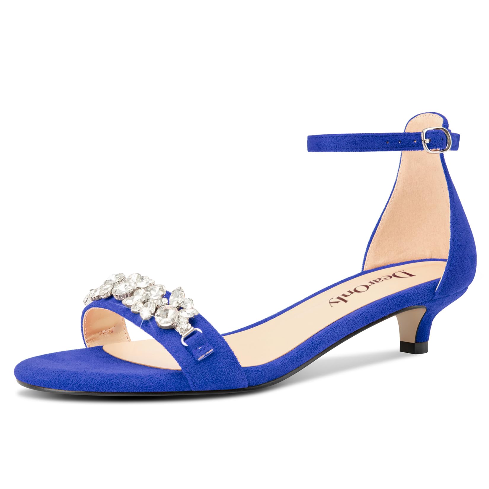 DearOnly Womens Low Kitten Heel Peep Open Toe Ankle Strap Sandals Rhinestone Crystal Buckle Office Summer Dress 1.4 Inches Heels