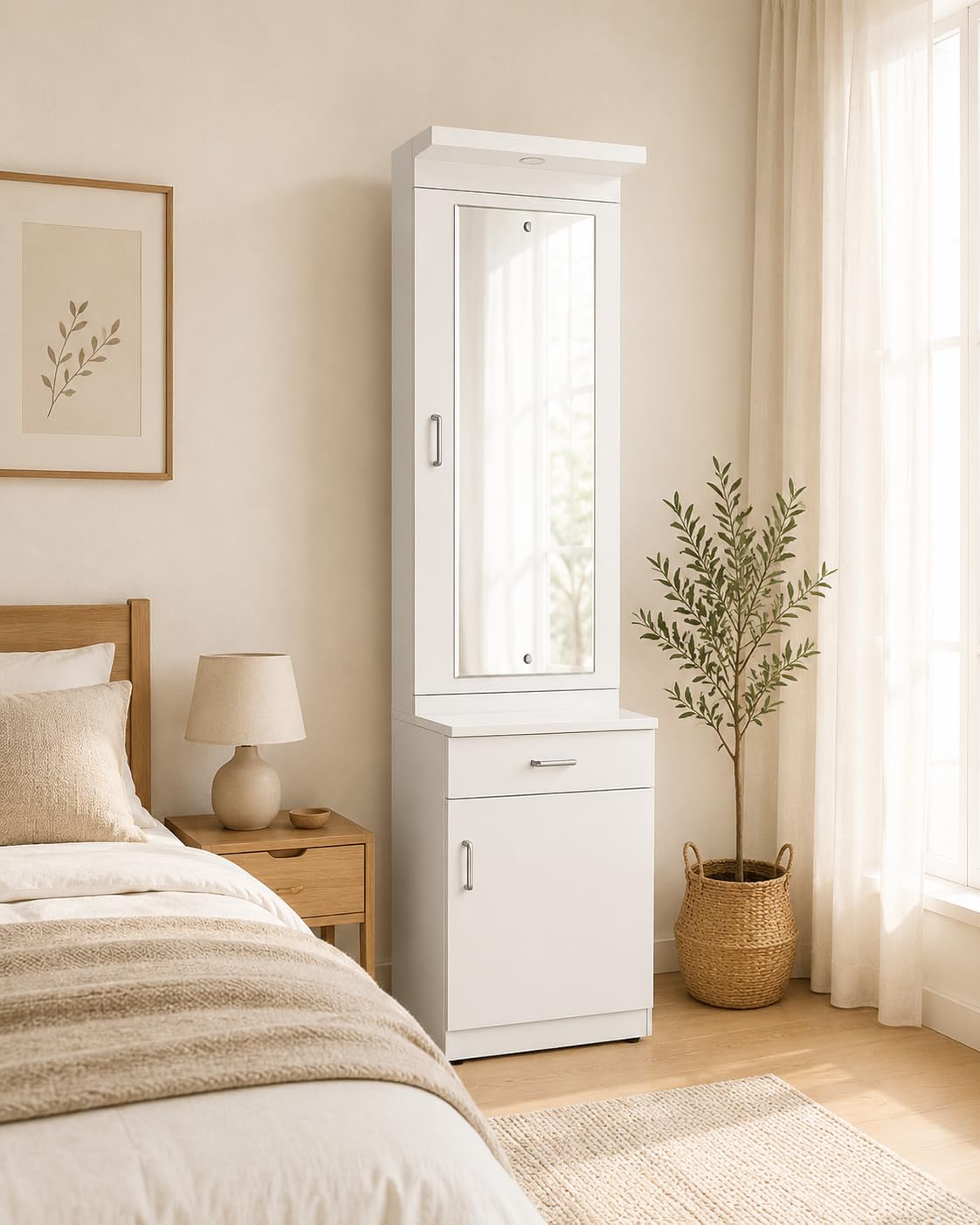 Dressing Table with Storage, Pre-Assembled Furniture with Mirror Storage Dressing Table with Light| 4 Shelves, 1 Drawer Wooden Vanity Dressing Table for Bedroom with Cabinet-image-37