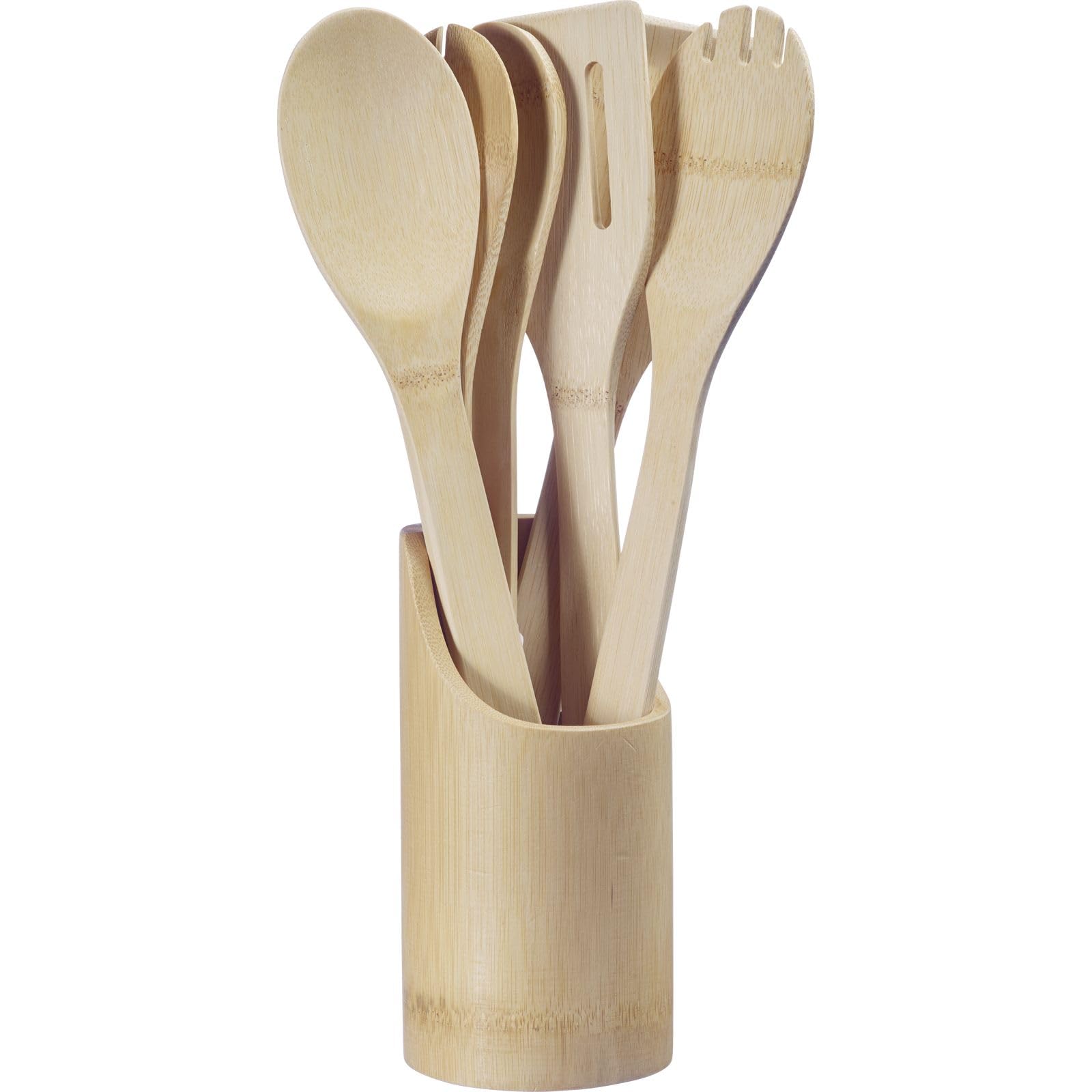 Westmark Kitchen Utensils – Kitchen Utensil Set consisting of Cooking Spoon, Salad Spoon, Spatula and Tongs, Cutlery incl. Container – Bamboo, 6 pcs.