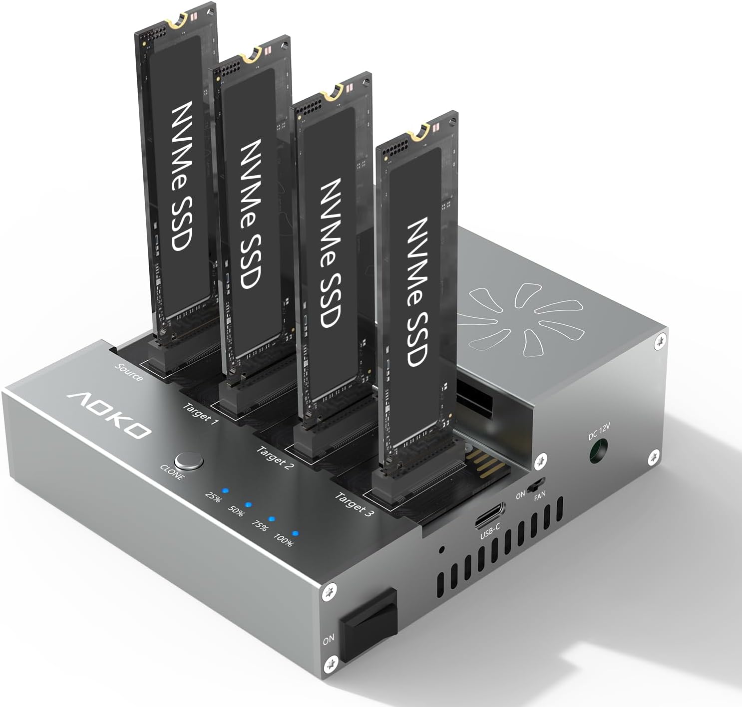 AOKO M.2 NVMe SSD Cloner Duplicator with Cooling Fan, 4-Bay M.2 Cloner NVMe Enclosure for PCIe 22110 2280 2260 2242 2230 SSD Docking Station,Support 1-to-3 Offline Clone -Aluminum Alloy