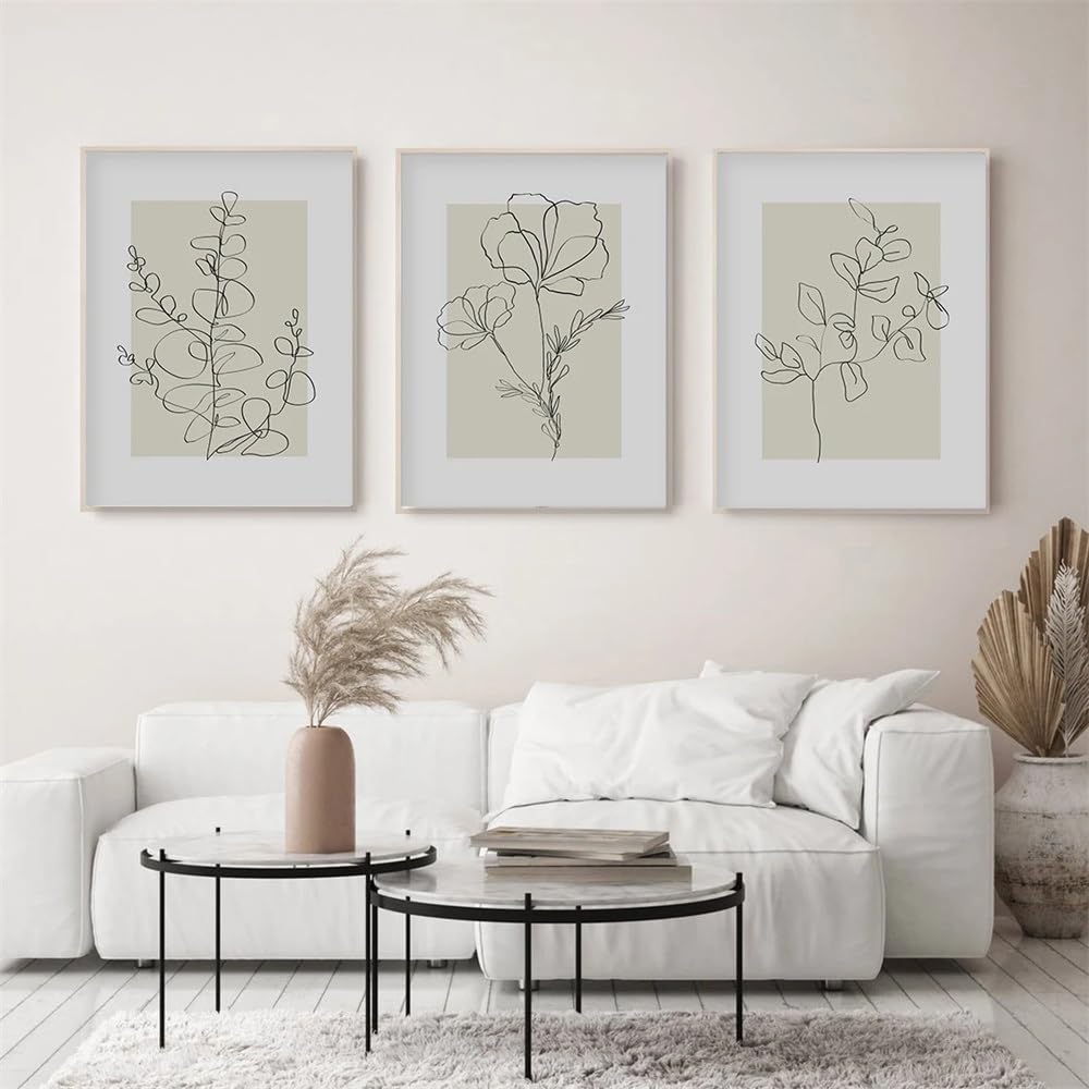 WUHBCZ Canvas Paints-Boho Botanical Flower Line Beige Posters Wall Art Canvas Painting Print Pictures Neutral Artwork for Living Kitchen Room Home Decoration-60 * 70cm/3PCS (No Frame)
