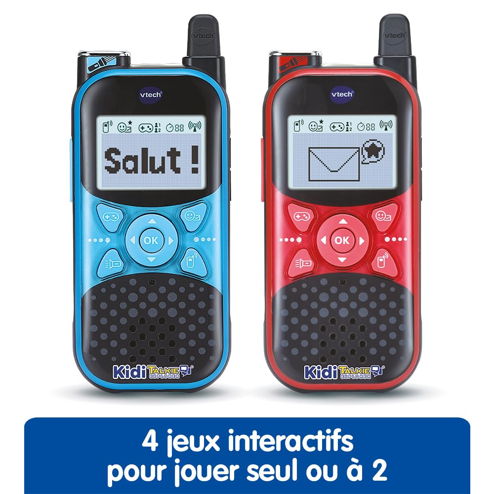 VTech - Kidi Talkie Explorer Bleu et Rouge, Talkies-Walkies Enfants avec Lampe Torche, Communication Cryptée Sécurisée, Portée de 200 Mètres, Cadeau Enfant Dès 4 Ans - Contenu en Français