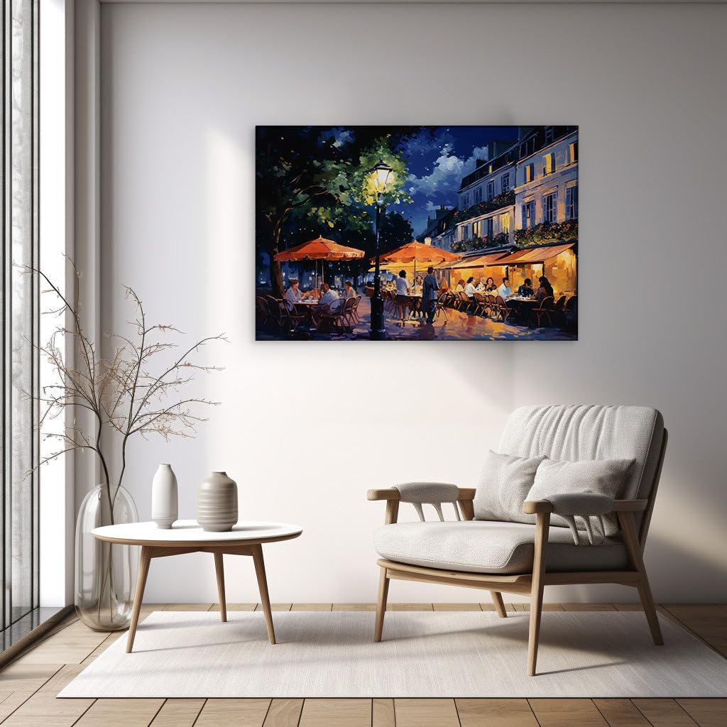 Canvas for Living room. Parisian Nights Awash in Light: A Vivid Oil Painting of Urban Elegance, 27 x 18 inch Canvas Wall Art - Modern Home Decor