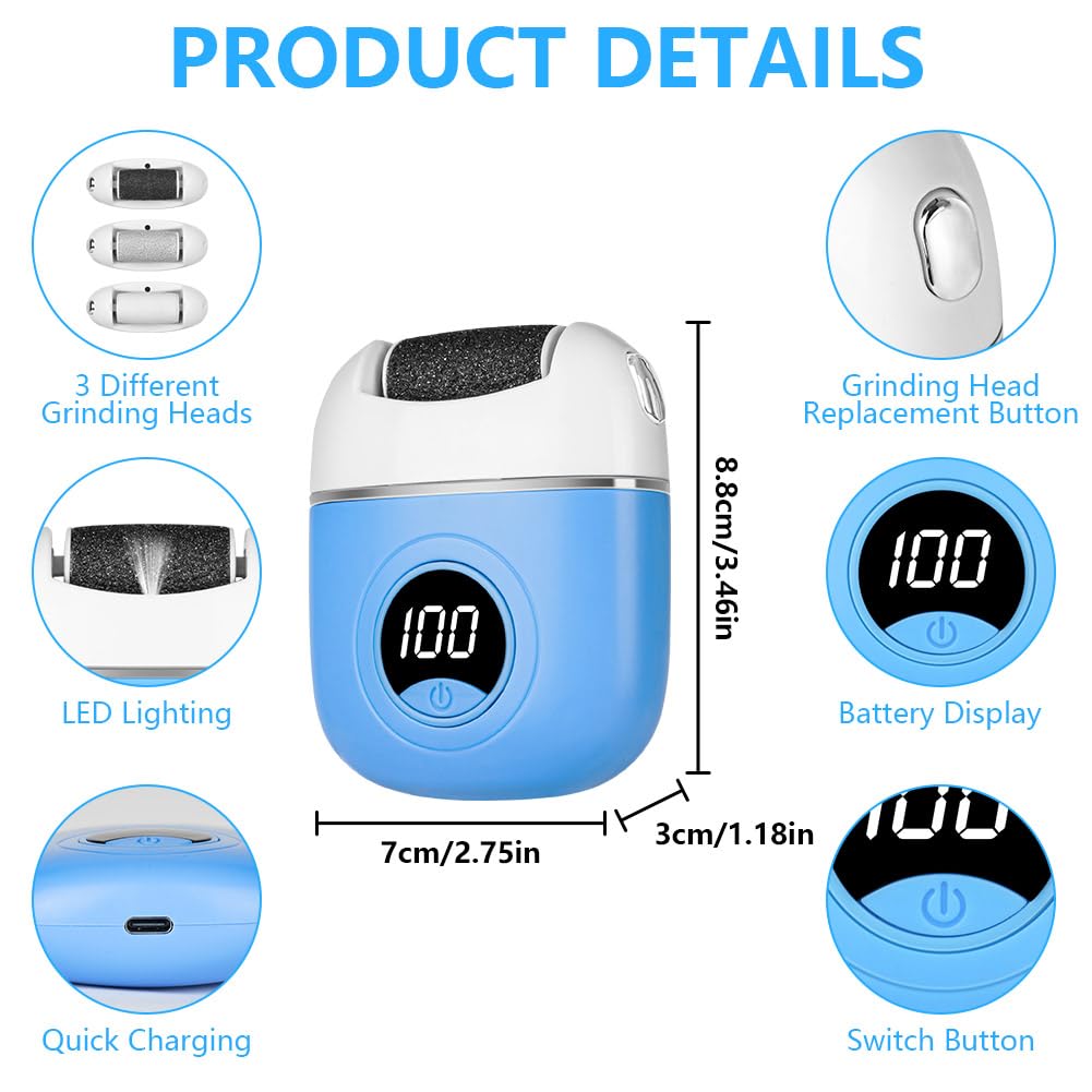 OSDUE Lima Electrica Pies Durezas, 2 en 1 Molinillo Pies Quita Durezas y Elimina Callos Profesional Foot File con 3 Rodillos Recambio Distintos Gramajes Pantalla Digital para Pies Suaves, Azul