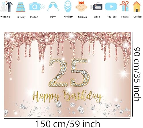 Miniatura 2 de Decoraciones de cumpleaños número 25 para mujeres, cartel de tela de 25 años, decoración de fiesta, fondo de fotos de oro rosa, suministros de