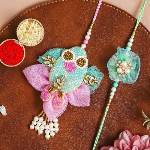 Image of eCraftIndia Floral Kundan Beads Designer Rakhis for Brother and Bhabhi | Bhaiya Bhabhi Rakhi