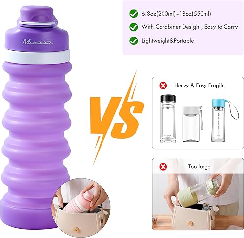 Miniatura 4 de Muslish Botella de agua plegable de 20 onzas, botella de agua deportiva portátil a prueba de fugas para viajes, senderismo, mochila con mosquetón