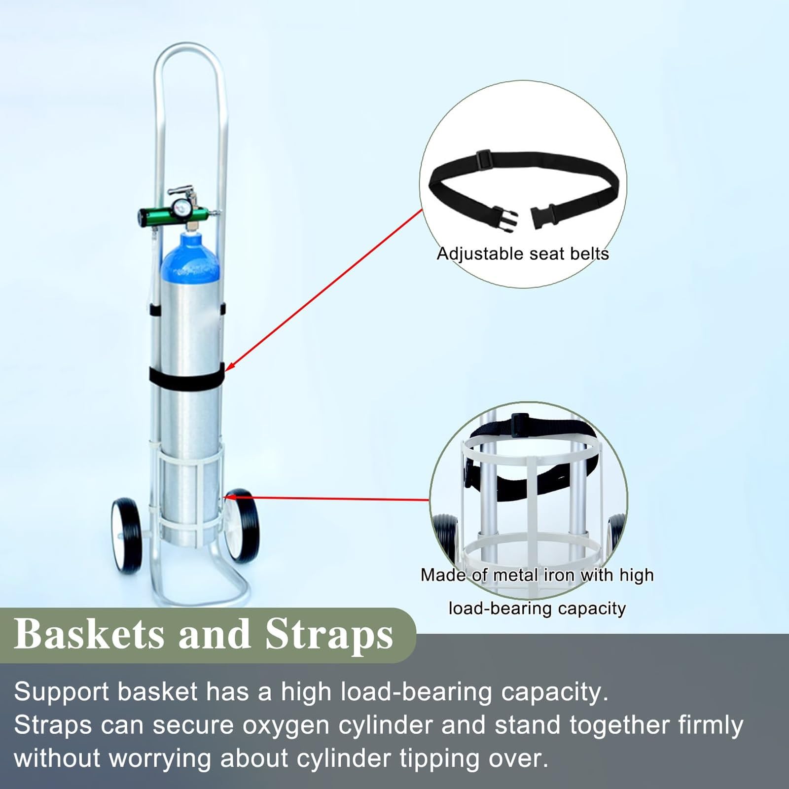 Carrito de soporte para tanque de oxígeno, carrito cilíndrico ajustable con 2 ruedas, estante de aluminio ligero para uso en laboratorio, fábrica y clínica