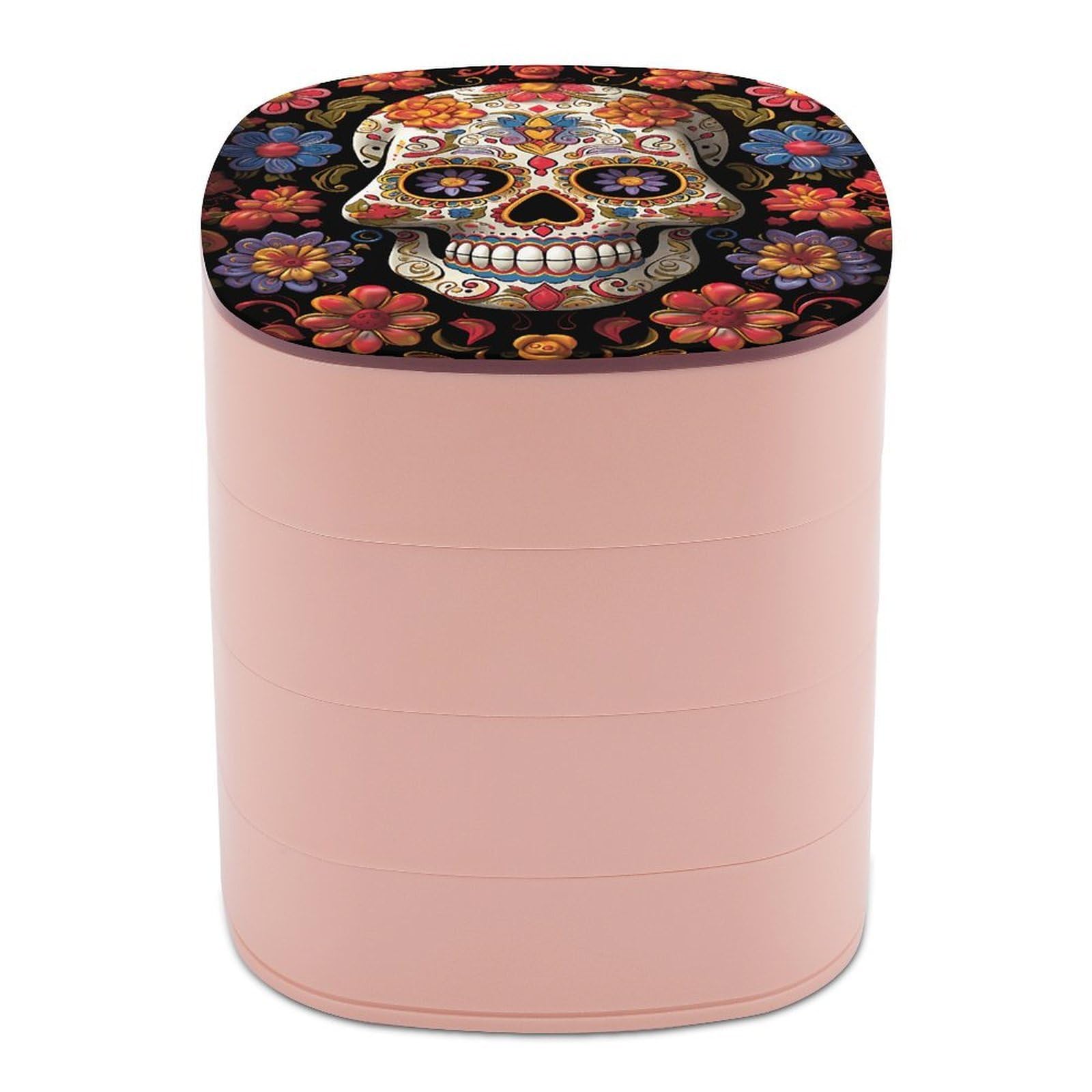 VstaDank Sugar Skulls Jewelry Box with Mirror Travel Small Jewelry Case for Women 4-Layer Rotatable Jewelry Organizer Storage Box Portable Jewelry Storage Case for Rings Earrings