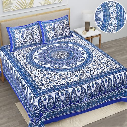 Image of Blend Floral Printed Bedsheet, Blue, Double Bed King Size