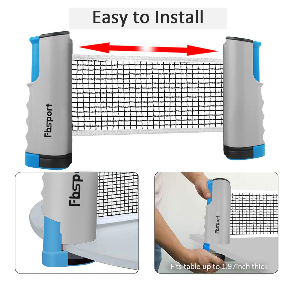 FBSPORT - Set di ping-pong portatile con rete retrattile, 2 racchette, 6 palle e borsa per il trasporto per bambini adulti giochi interni ed esterni, grigio