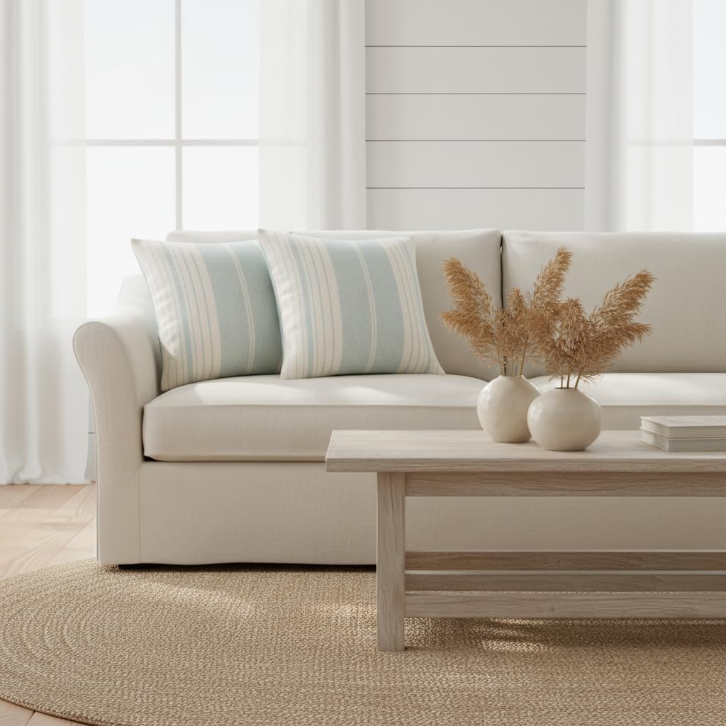 Tosleo Blue Striped Pillow Covers 18x18 inch Pack of 2 Boho Throw Pillow Covers Couch Coastal Decorative Pillow Cases Woven Textured Neutral Boho Stripes Cushion Cover Spring Farmhouse Decor - Image 9