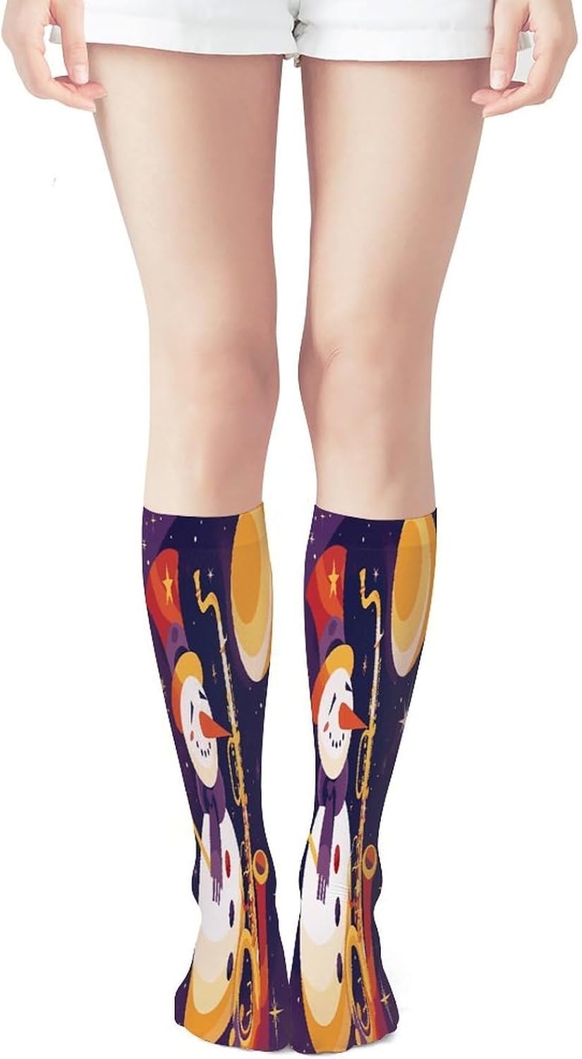 Snowman Plays Saxophone Women High Waist Fishnet Stockings Stretch Mesh Pantyhose Sexy Trendy Legwear for Daily Wear