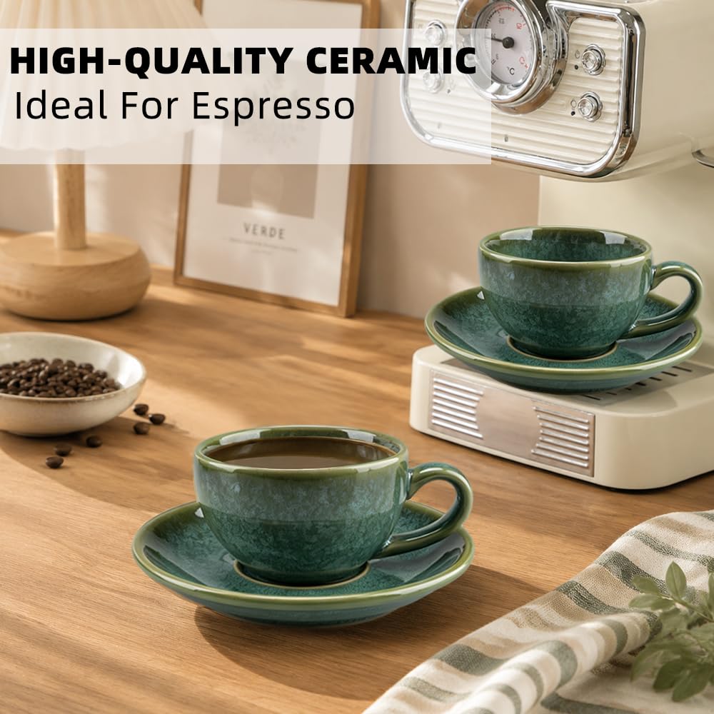 4 Espressotassen Set Keramik Hochwertig Espresso Tassen Set mit Untertassen 90 ml Kaffeetassen Set 4er Esspresotasen Spülmaschinenfest Mikrowellenfest(Jadegrün)