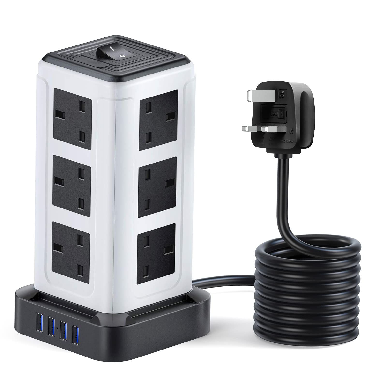 tomvorks Tower Extension Lead, Vertical Power Strip 3250W 13A , Multi Plug Socket with Surge Protection with 4 USB Ports, 12 AC Outlets, Tower Plug Extension with 3M Power Cable, Black