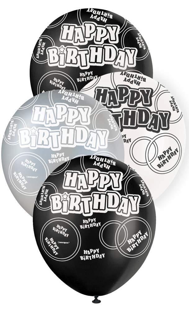 Unique Party Black 80890 - 12" Latex Glitz And Silver Birthday Balloons, Pack Of 6