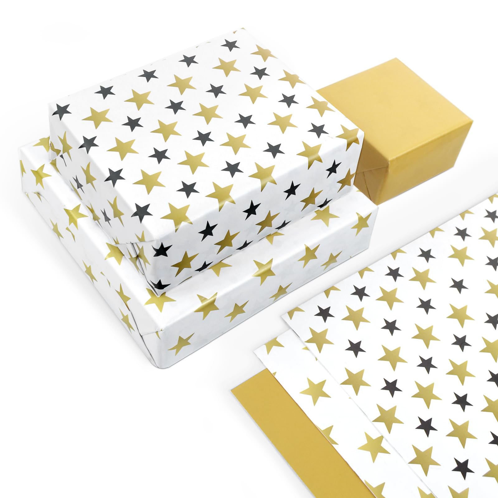 HimBen Gift Wrapping Paper 12 Sheets, Folded Flat Gift Wrap Paper for Presents, Kids, Boy and Girl, 20 x 29” Per Sheet - Gold Black Stars