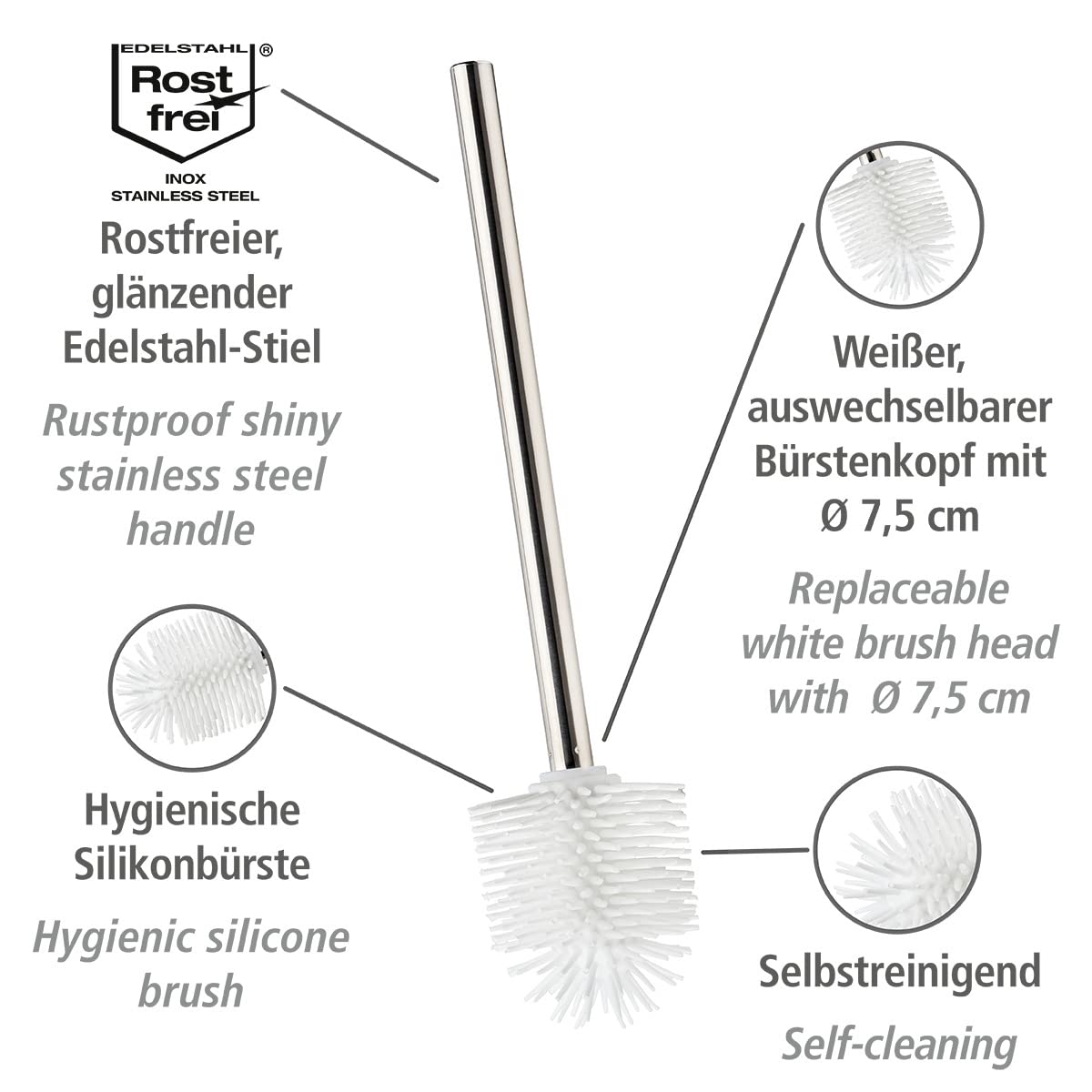 WENKO Silikonowa szczotka zamienna do WC – zamienna szczotka do toalety z efektem nieprzywierającym, stal nierdzewna, 7,5 x 35 x 7,5 cm; Błyszczący/Biały; bez oczyszczacza krawędzi