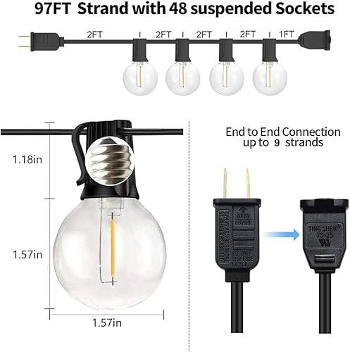 Miniatura 35 de SUNTHIN Guirnalda de luces blancas para exteriores, luces blancas de patio de 48 pies con 25 bombillas LED G40 inastillables (1 repuesto), luces