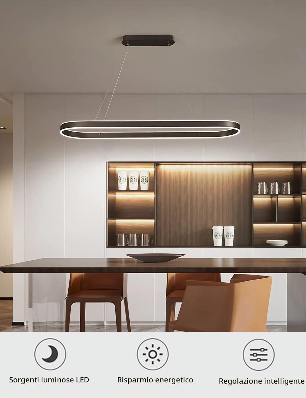 Lampadario ovale LED dimmerabile Luce a sospensione Tavolo da pranzo moderno Lampade da ufficio con telecomando Anello Lampada a sospensione Altezza regolabile Studio Apparecchio (L100cm, Nero)