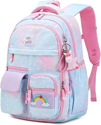 PIG PIG GIRL Girls Backpack, Kids Backpack School Backpack Bookbag with Unicorn Pendant for Elementary School, Blue, One Size, Cute