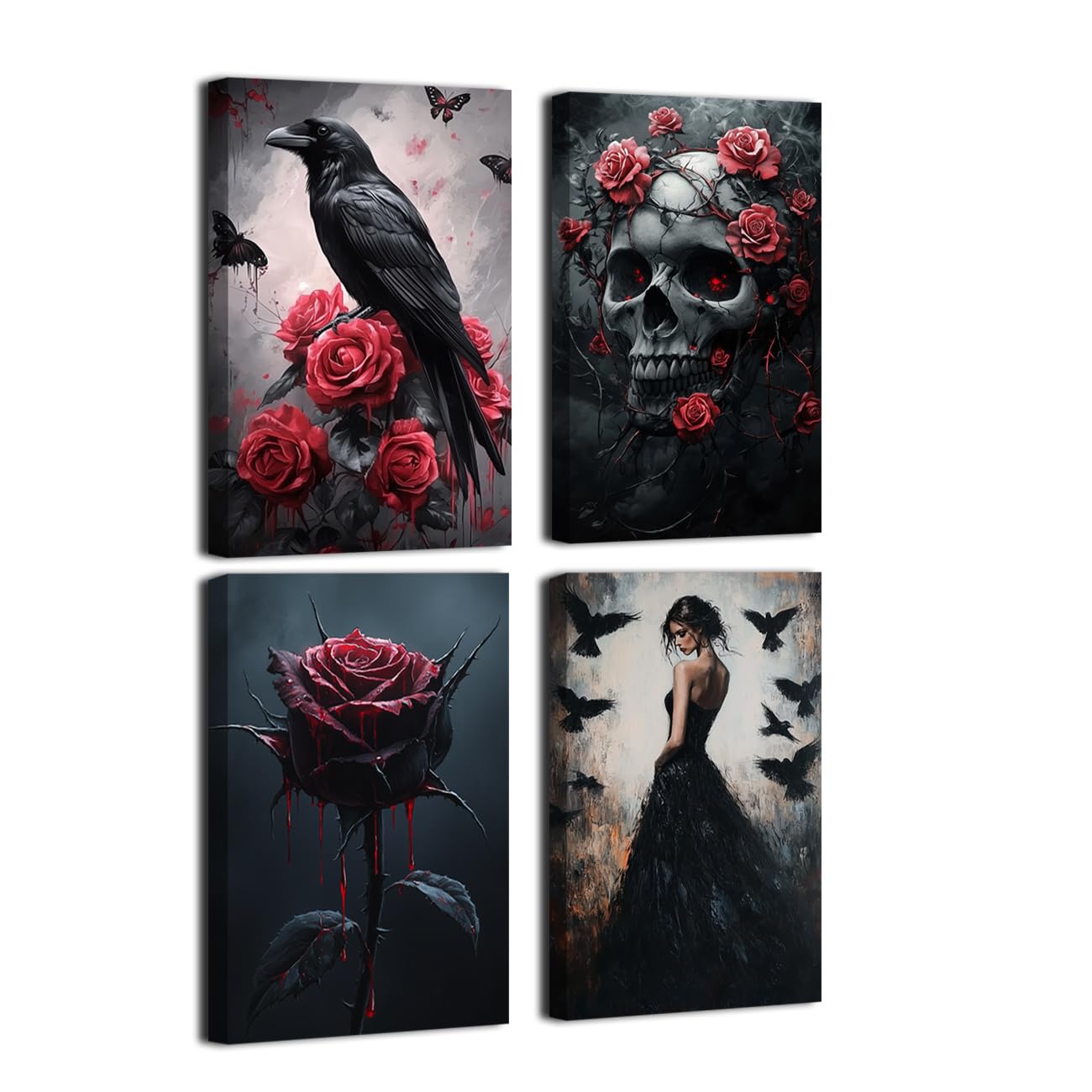 LZIMU Gothic Skull Wall Art Pictures 4 Piece Crow Skull Rose Canvas Prints Black Crow Woman Painting Goth Skeleton Wall Decor for Halloween Framed (20x30inchx4 Pieces)