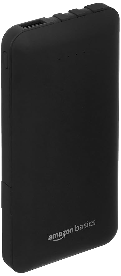 Amazon Basics 10000mAH Lithium Polymer Power Bank | 3 Charging Cables Included | Four Way Output (Micro USB, Type C, iPhone Cables and 1 USB Port), Dual Input (Type C, Micro USB) | Black at Rs. 1099