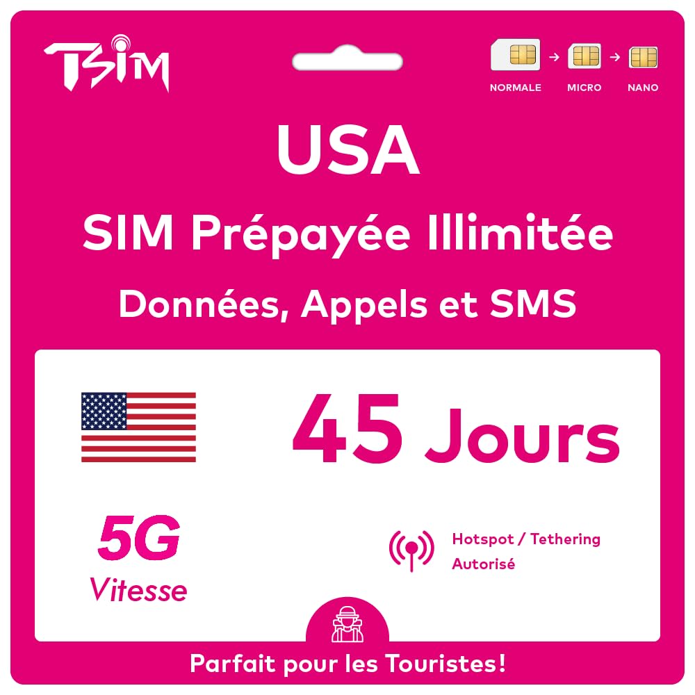 Carte SIM USA 45 Jours. Réseau T-Mobile avec données illimitées à Haute Vitesse en 5G/4G/LTE | Appels et SMS locaux illimités aux USA (Hawaï Inclus). Carte SIM 5G !