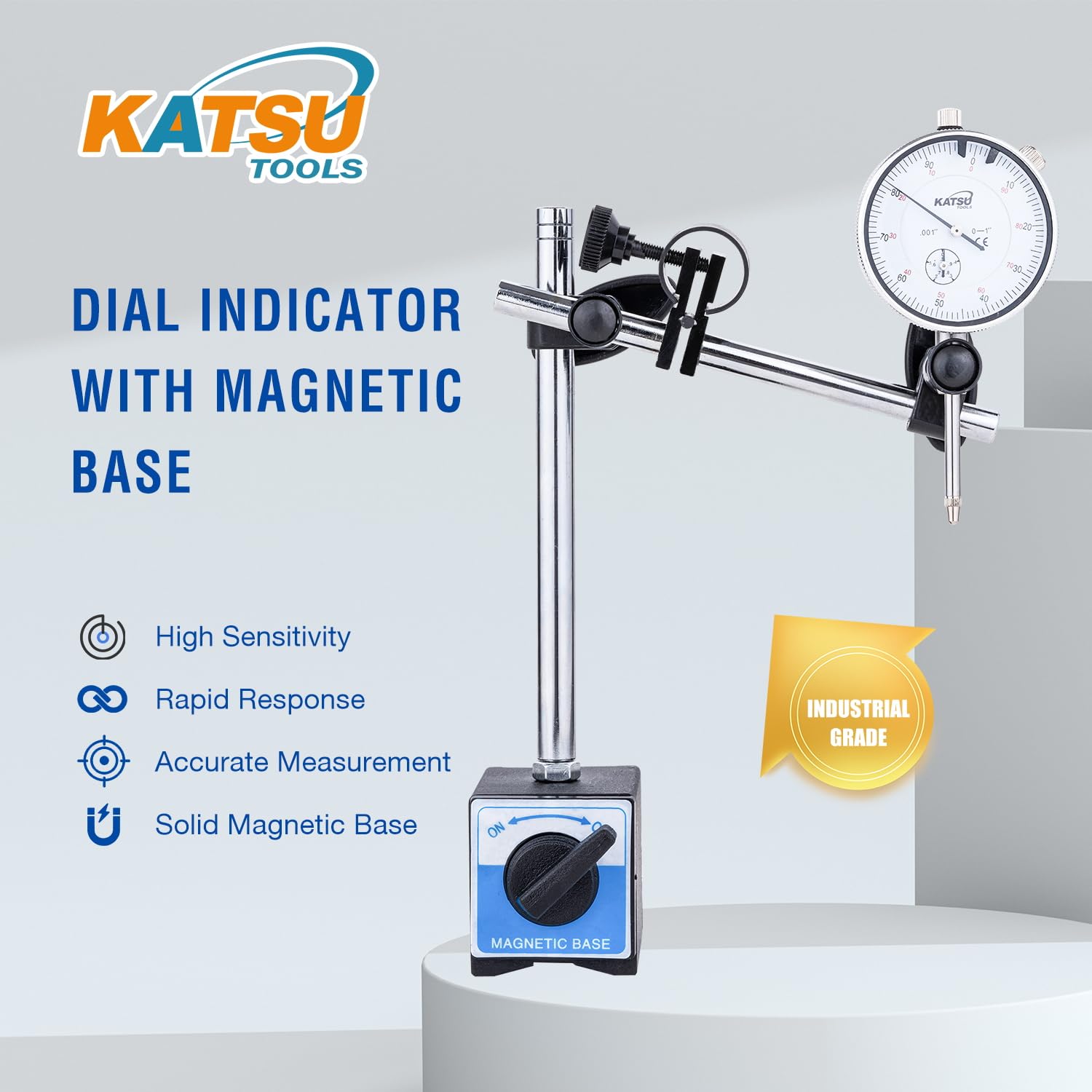 KATSU Tools Dial Indicator with Magnetic Base 0-1.0" Tester Gauge 0.001" Precision, Fine Adjustment, Professional Measuring Toolkit in Storage Case 401112 Inches