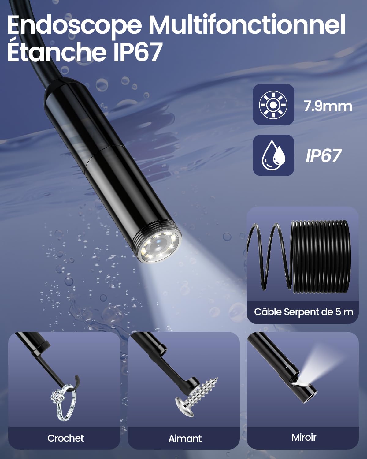 Caméra Endoscopique, Caméra d'Inspection 1920P HD, IP67 3 en 1 USB Camera Canalisation Sonde de 7,9mm Étanche IP67 avec 8 LED, Câble Semi-Rigide de 5M pour Android iPhone iPad Tablettes