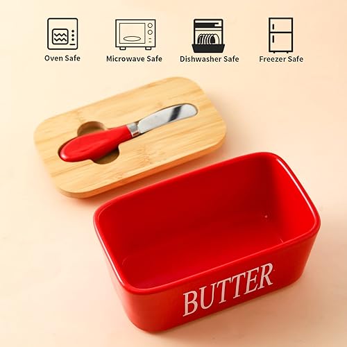 Vista 7 de Hasense Mantequillera con tapa y cuchillo para encimera, recipiente grande para mantequilla con esparcidor de cuchillos de acero inoxidable para Rojo