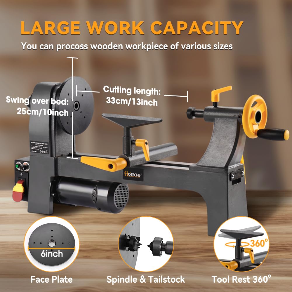 Hoteche Benchtop Wood Lathe 3-Amp 10-Inch x 13-Inch Variable Speed Mini Power Woodturning Tool