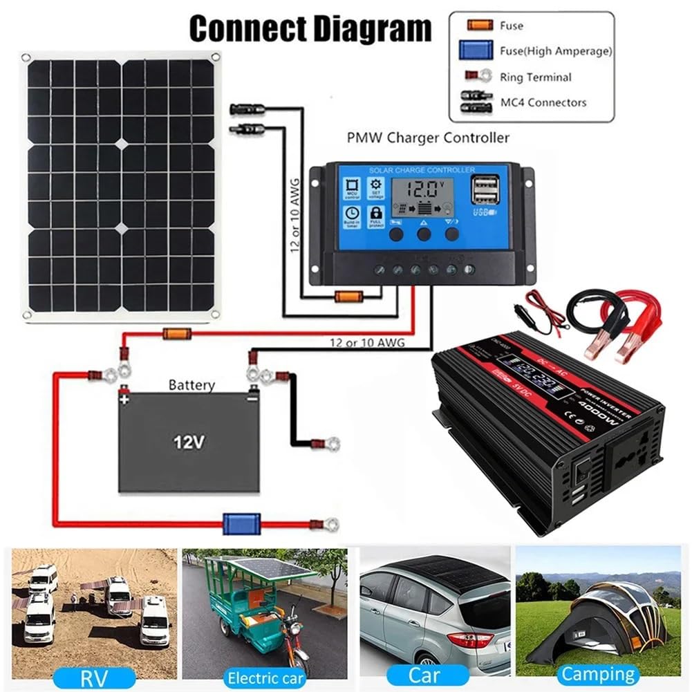 Przetwornica napięcia, Falownik solarny 4000 W DC 12 V do AC V/V Modyfikowany czysty sinusoidalny przetwornik napięcia Transformator samochodowy Do samochodu, kempingu, podróży(Nero)