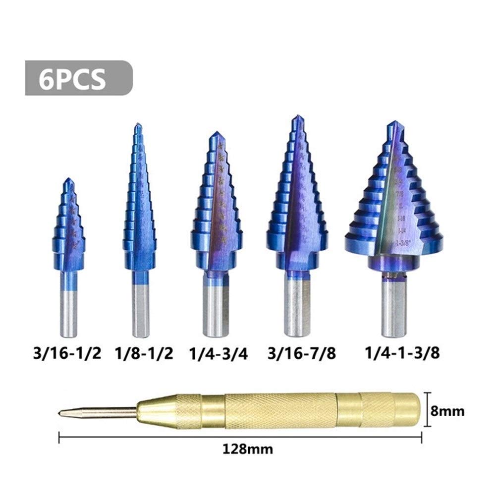 Broca escalonada, Brocas for metal, Broca escalonada de carburo Juego de brocas escalonadas de acero de alta velocidad de 6 piezas Punzón central automático Revestimiento nano azul Taladro con núcleo