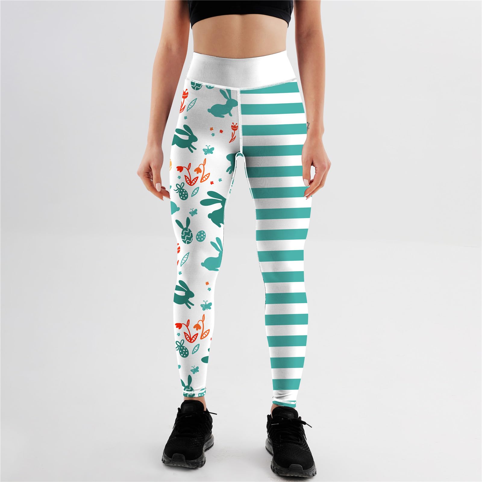 Women Easter Printed Leggings High Waist Tights Trendy Workout Yoga Pants(L, Aqua Blue Stripe)