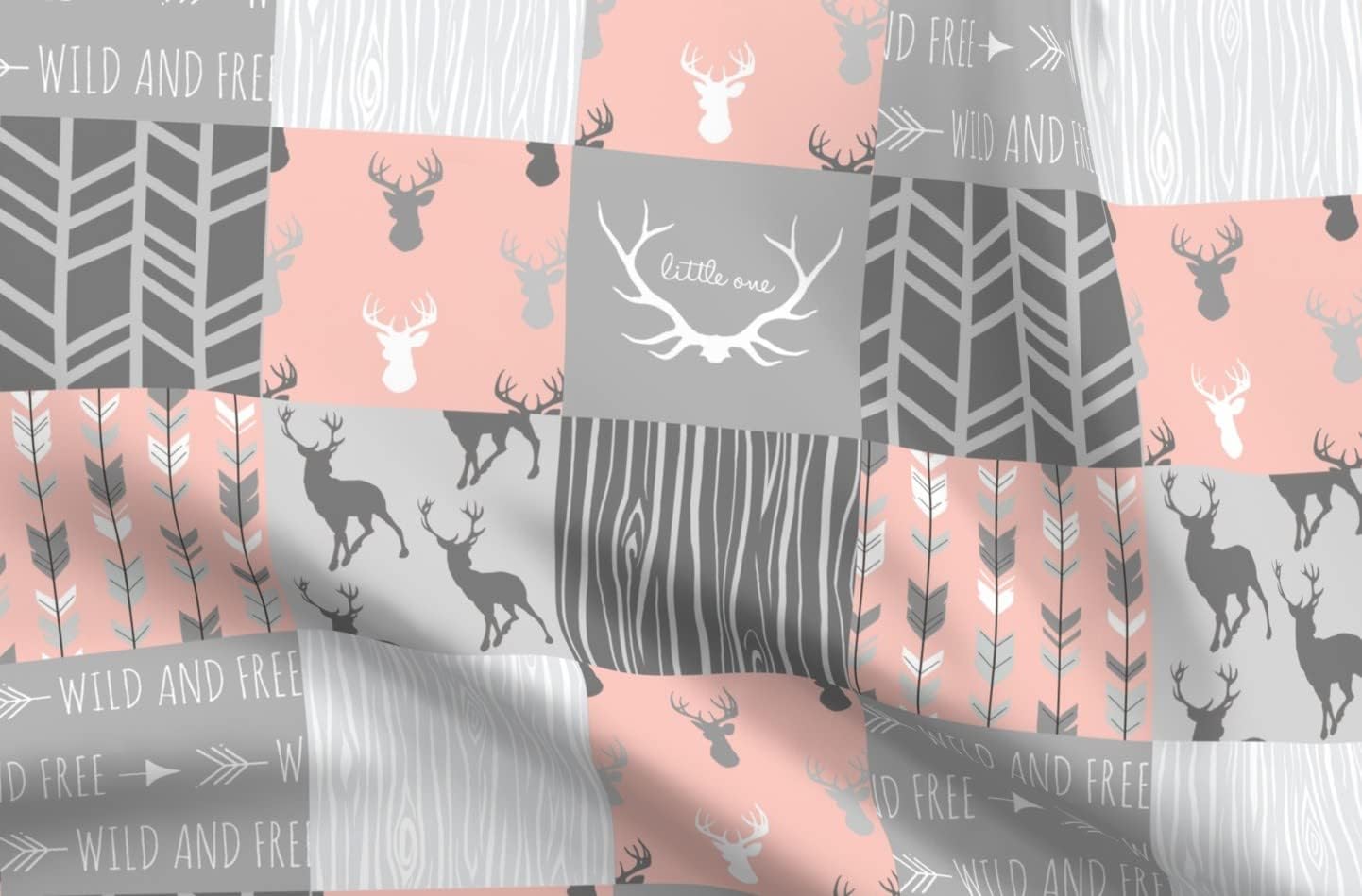 Spoonflower Fabric - Girls, Deer, Pink and Grey, Patchwork, Squares, Girl, Woodland, Printed on Organic Cotton Sateen Fabric by The Yard - Sewing Quilting Apparel Home Decor