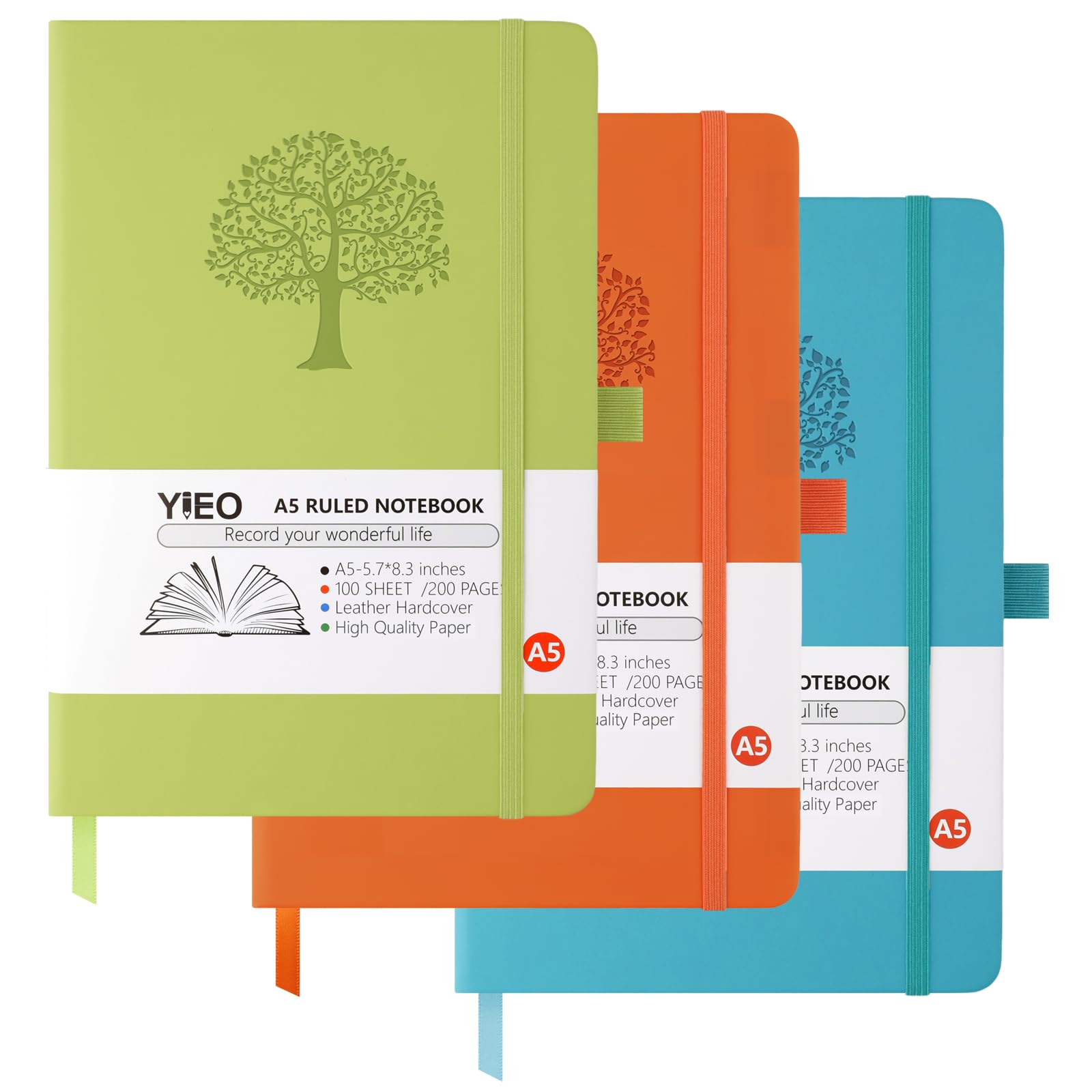 YIEO A5 Journal Notebook, 3 Pack Leather Notebook Journal for Men/Women, Hardback Note Book with 80GSM Lined Paper, No Bleed for Writing, Notepad for Office School Supplies (Orange, Green, Lakeblue)
