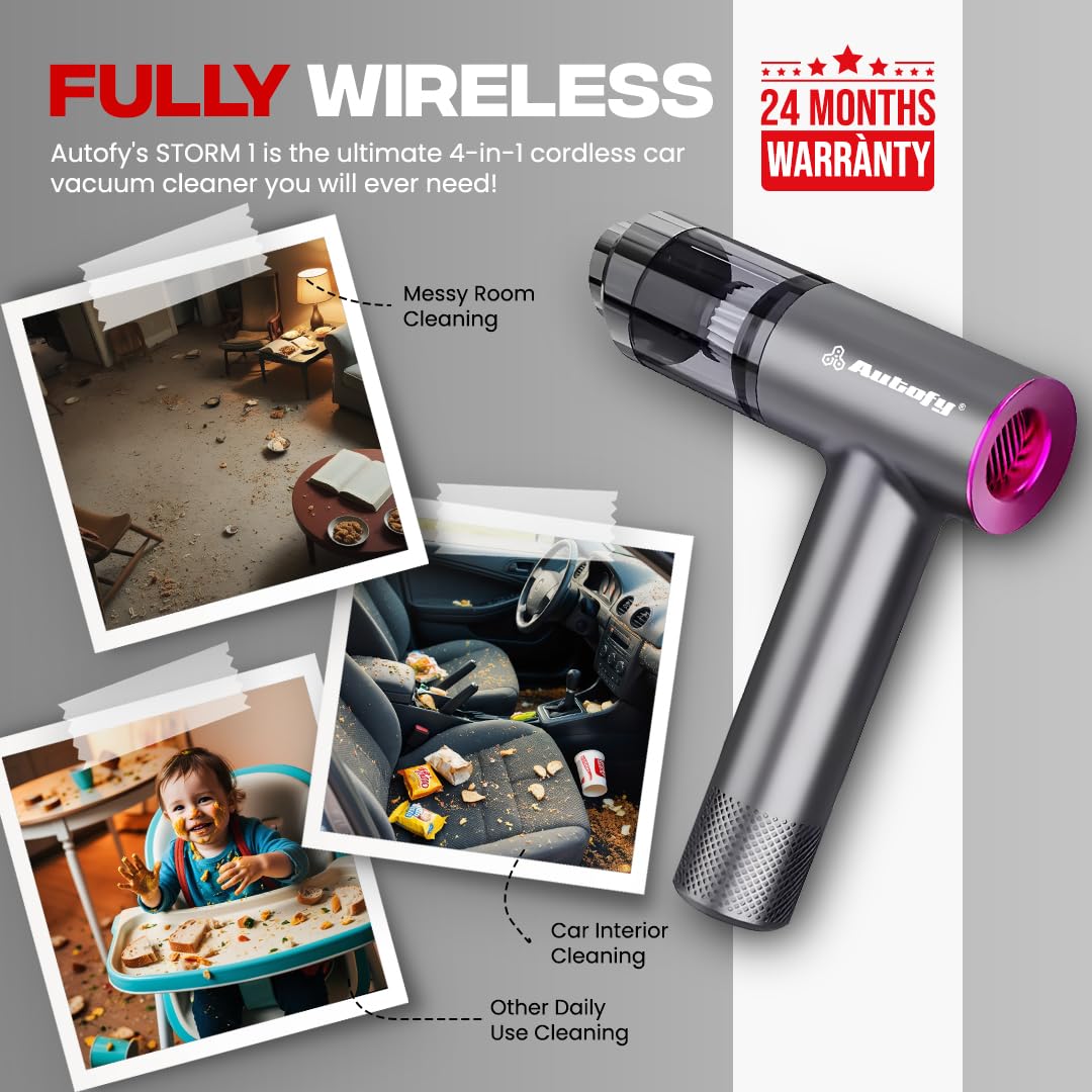 Autofy Storm 1 [4-in-1] Powerful & Fully Wireless Car Vacuum Cleaner Air Blower - 12000PA 2.5X More Suction Power - BLDC Long Life Motor - 2 Suction Speeds - 25 mins Runtime (24 Months Warranty) - Image 2 thumbnail