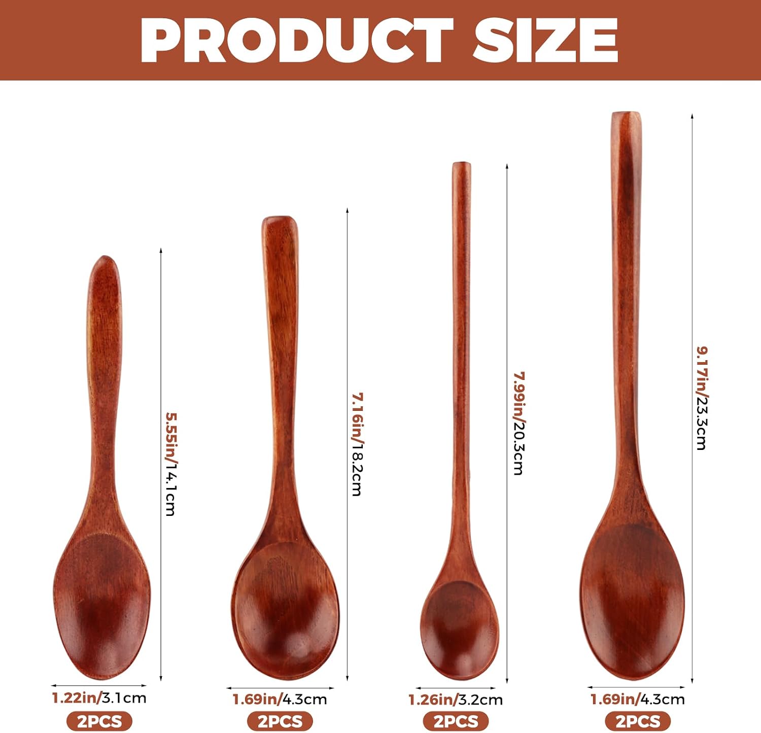 8 Pack Small Wooden Spoons for Eating, 4 Sizes & Shapes for Honey, Coffee