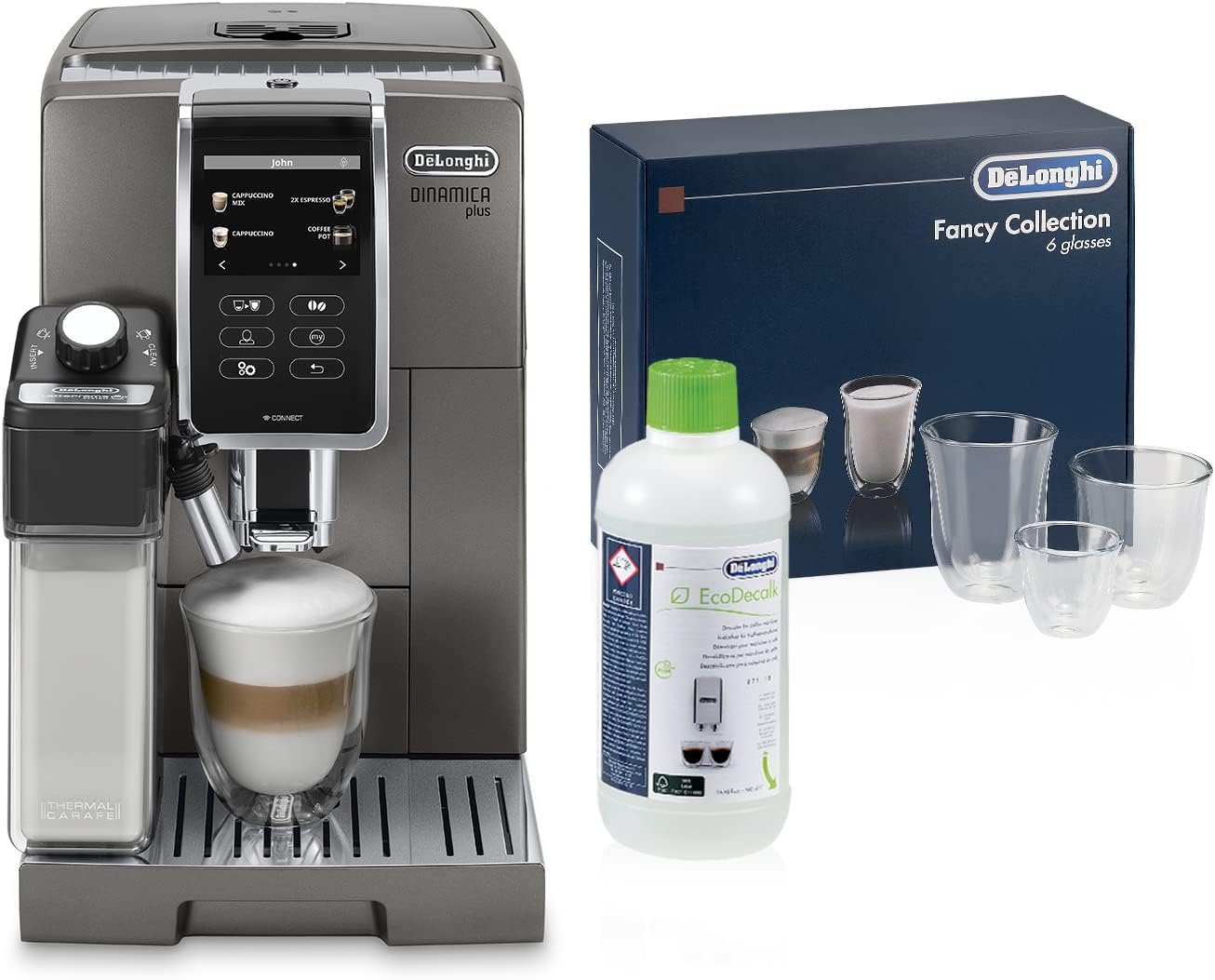 DeLonghi Dinamica Plus Perfetto ECAM370.95.T, Macchina Automatica per Caffè in Chicchi, 1450 W, Titanium + Decalcificante + Bicchieri DeLonghi Dinamica Plus Perfetto ECAM370.95.T, Macchina Automatica per Caffè in Chicchi, 1450 W, Titanium + Decalcificante + Bicchieri