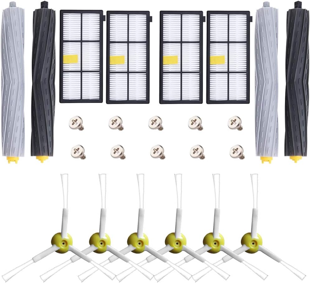 Replenishment Kit for iRobot Roomba 800 900 Series 805 860 870 871 880 890 960 980 Robotic Vacuum Cleaner Accessory with 4 Roller, 4 Hepa Fliter and 6 Side Brushes 10 Screws (24 pcs)