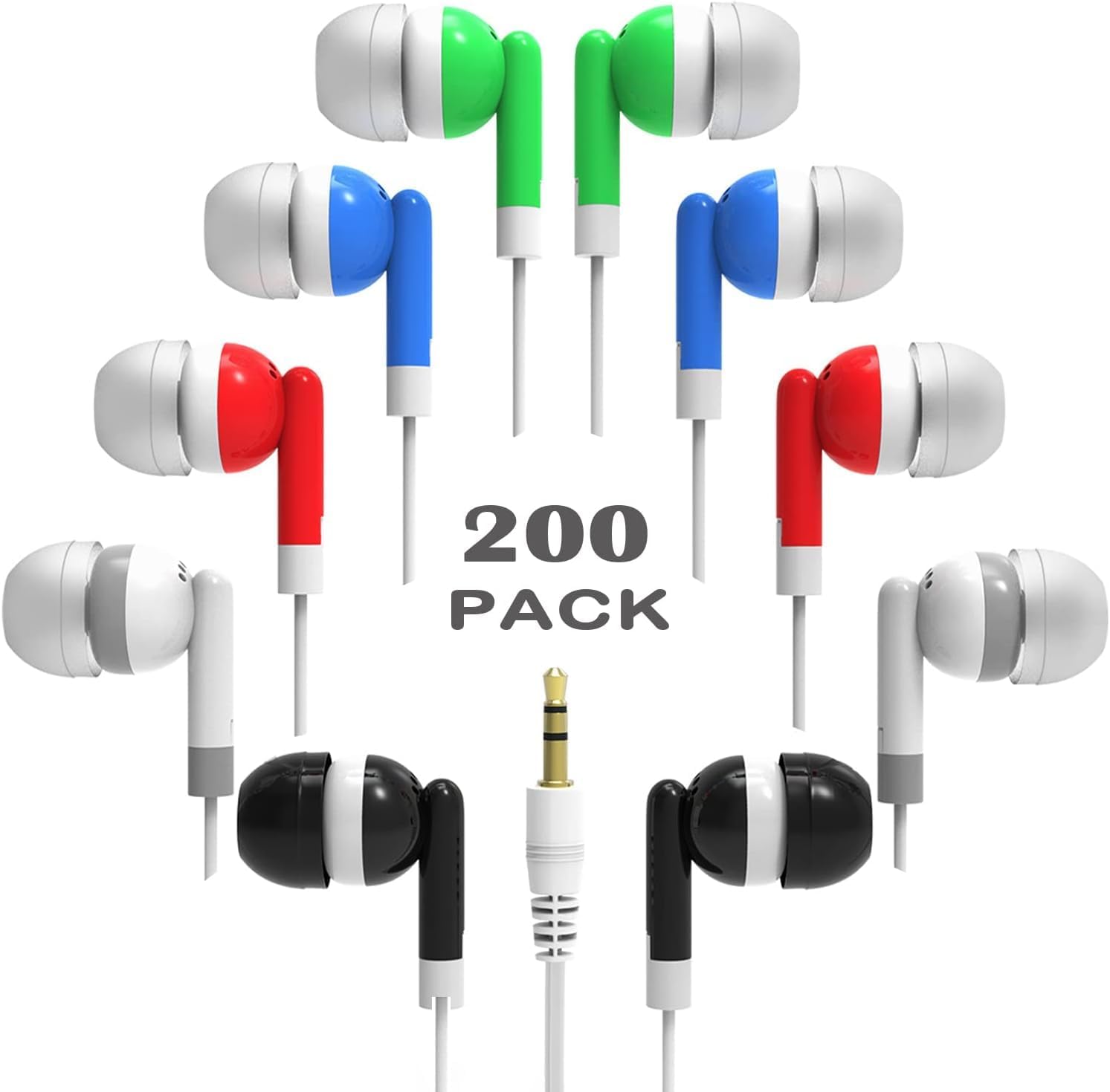 Bulk Earbud Headphones 200 Pack Multi Colors for Classroom Kids, Wholeslae Wired Durable School Earphones Class Set for Students Children Toddler Teens Boys Girls and Adult (XPG101, 200 PCS)