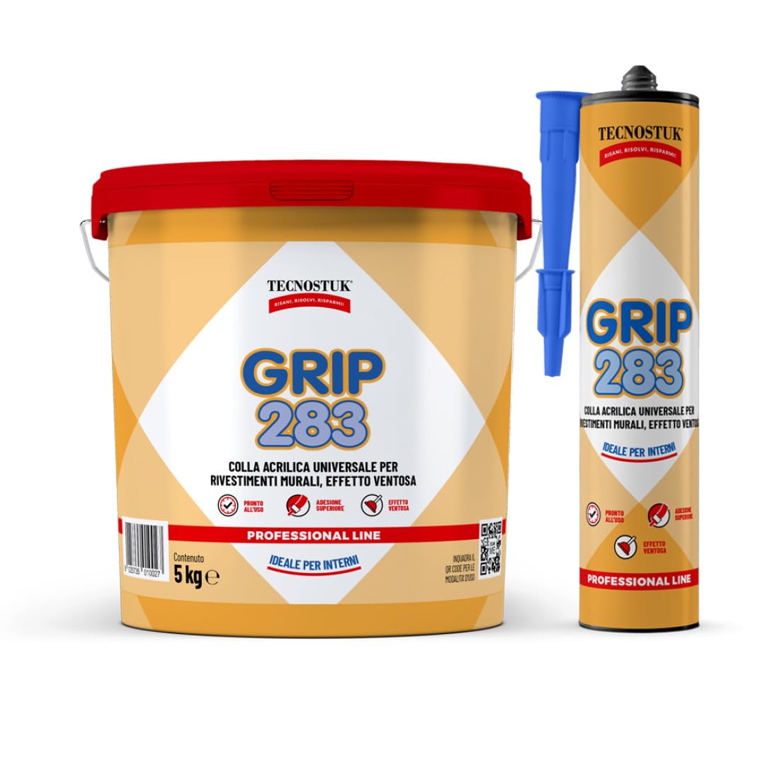TECNOSTUK - Grip 283 – Colla Acrilica Universale ad Alta Adesione per Rivestimenti Murali, Boiserie, Battiscopa e Mensole fino a 30 kg – ADESIVO PER SUGHERO A SPATOLA - 5 KG