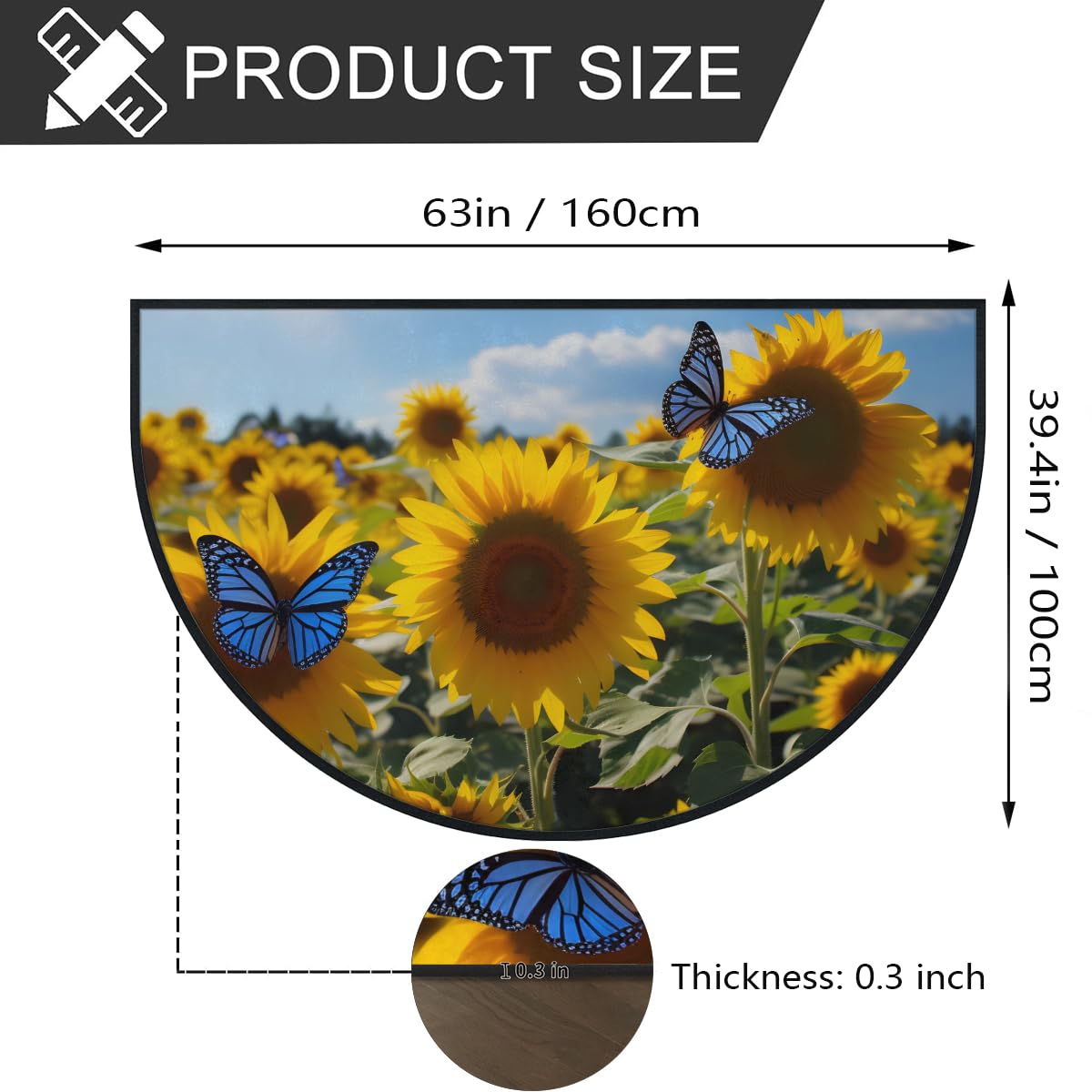 Mexpekil Paillasson demi-rond antidérapant lavable avec motif tournesols, papillon, ciel - Demi lune - Pour intérieur et extérieur - 100 x 160 cm