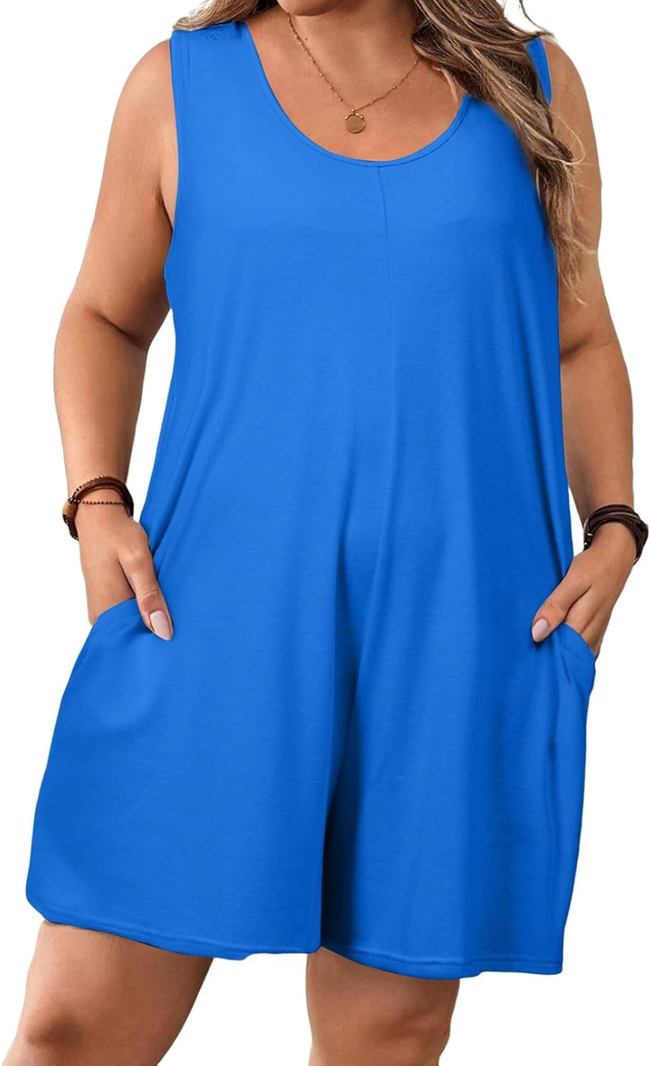 Eytino Womens Plus Size Jumpsuits Crew Neck Casual Sleeveless Solid Short Rompers with Pockets (1X-5X)